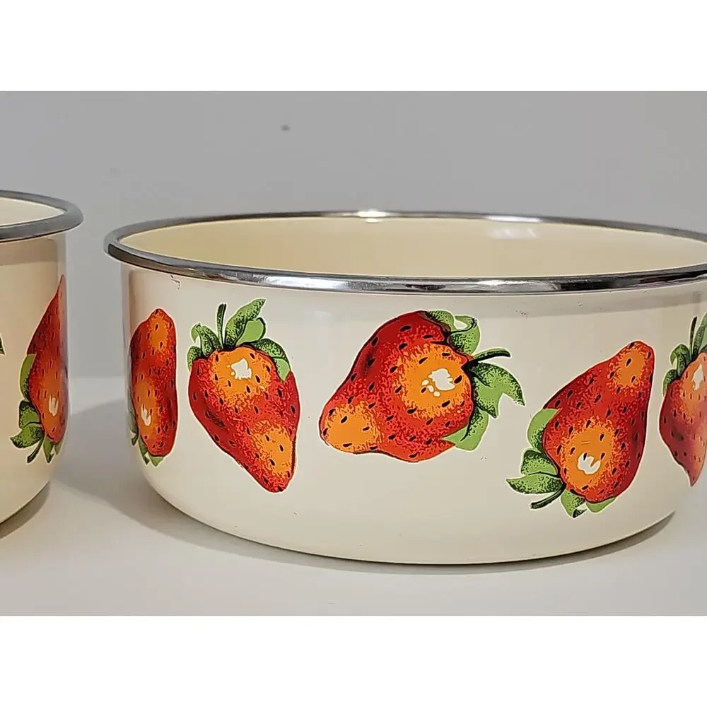 Two Vintage Kobe Enamel Bowls Cream Strawberry Nesting Mixing Cottagecore